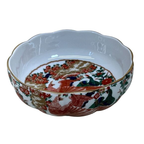 Arita Imari Orange Peacock Scalloped Coupe Cereal Bowl Japan 5 1/2" - Picture 1 of 9